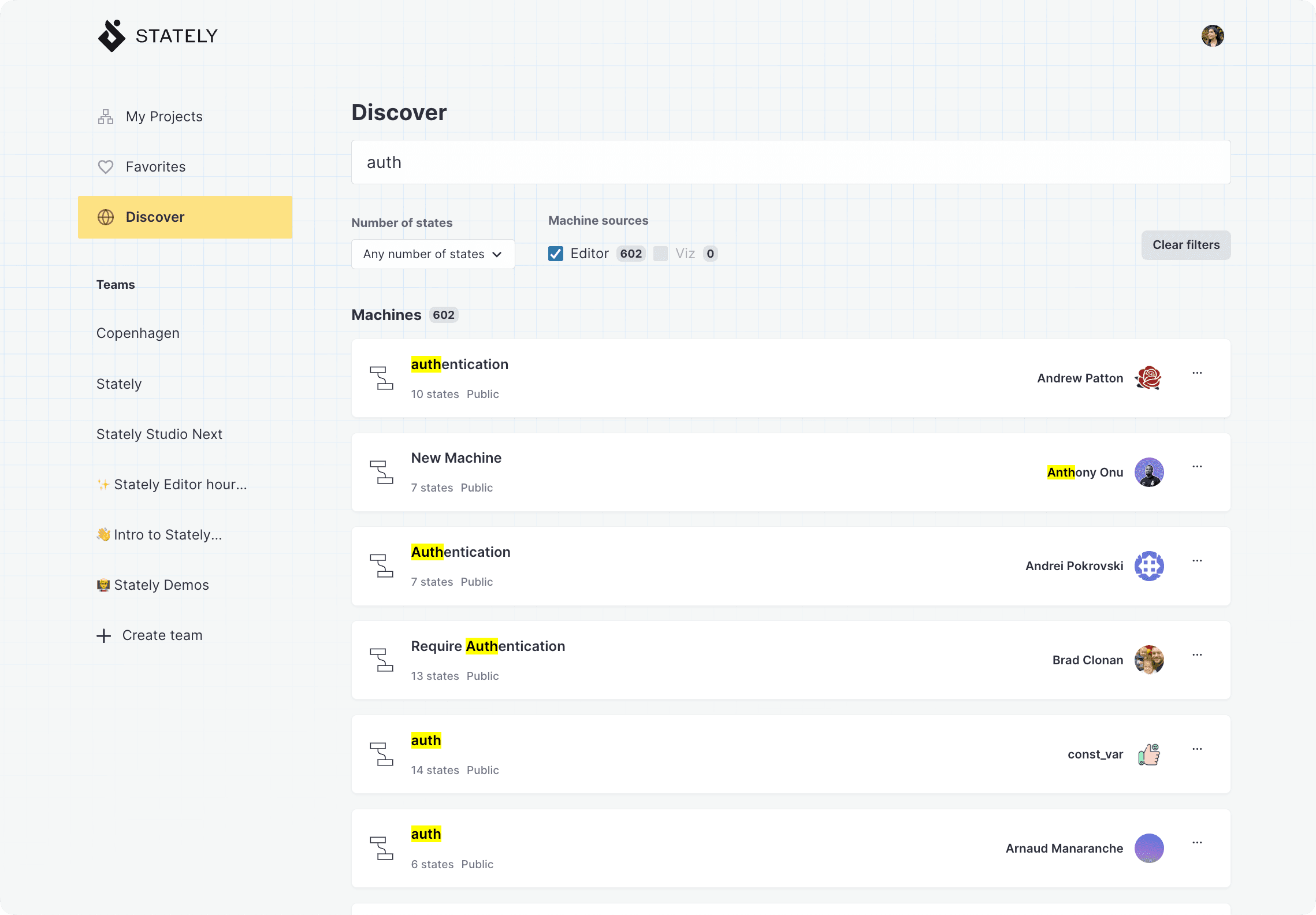 Stately Studio Discover page showing the search results for "auth", filtered by editor machines under 10 states, showing 173 results.