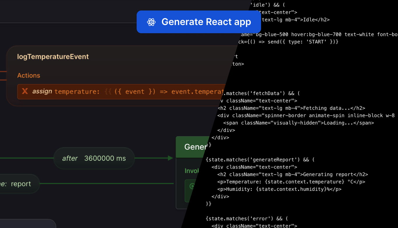 The room reading state machine visualized in the Stately editor alongside the React app code generated for that app logic.